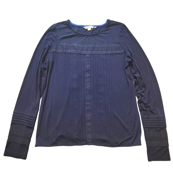 Boden Blouse Womens 6 Navy Long Sleeve Eyelet Embroidered Pleated Flowy Top - Picture 1 of 9